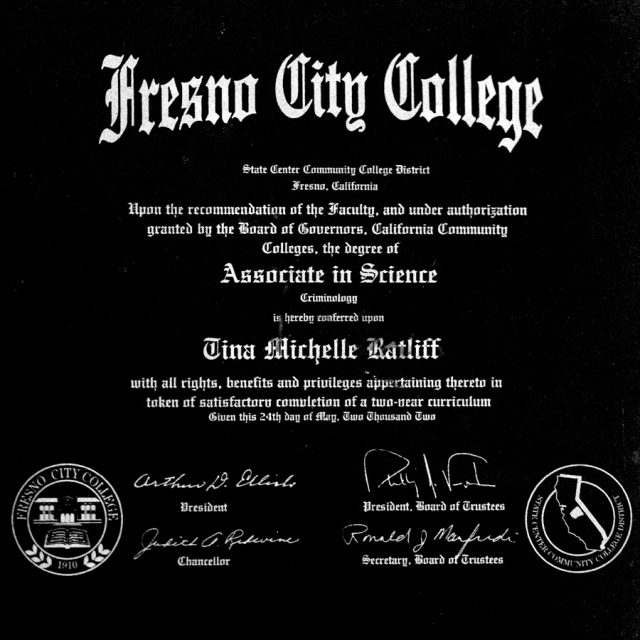 Engraving of a diploma for an Associate in Science conferred upon Tina Michelle Ratliff