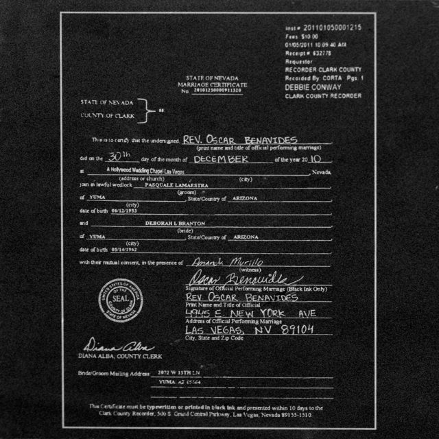 Engraving of a marriage license between Pasquale Lamaestra and Deborah Branton