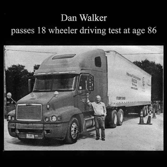 Engraving of an elderly man standing proudly next to an 18 wheeler after passing his CDL test at 86