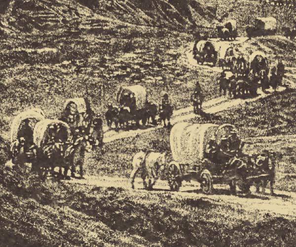 Etching on granite tile of American pioneers migrating west at museum of history in granite