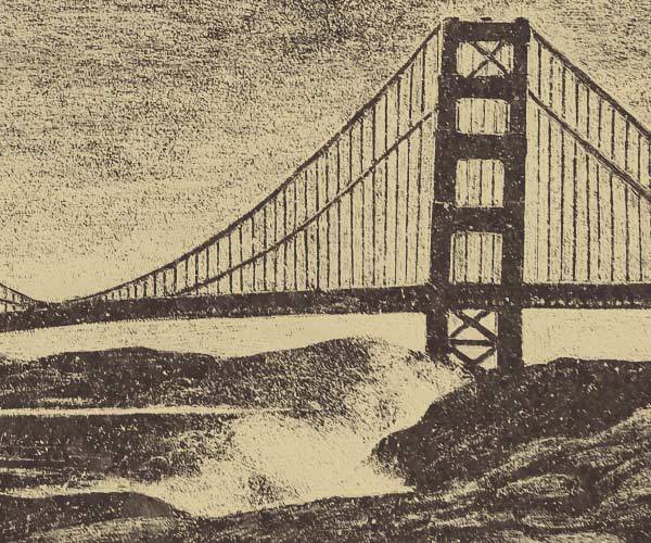 Golden Gate Bridge in California etching on granite tile at History of Humanity in Granite