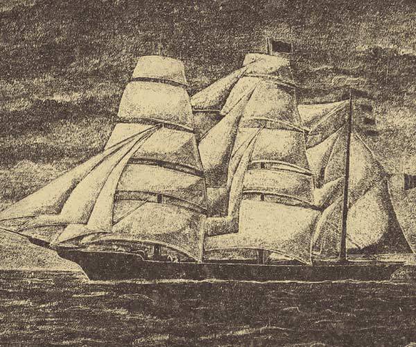 Etching of large sailing vessel traveling the ocean on granite tile at unique museum History of Humanity in Granite