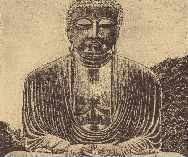 Buddha statue with eyes closed and hands clasped etched into granite tile at museum of history in granite