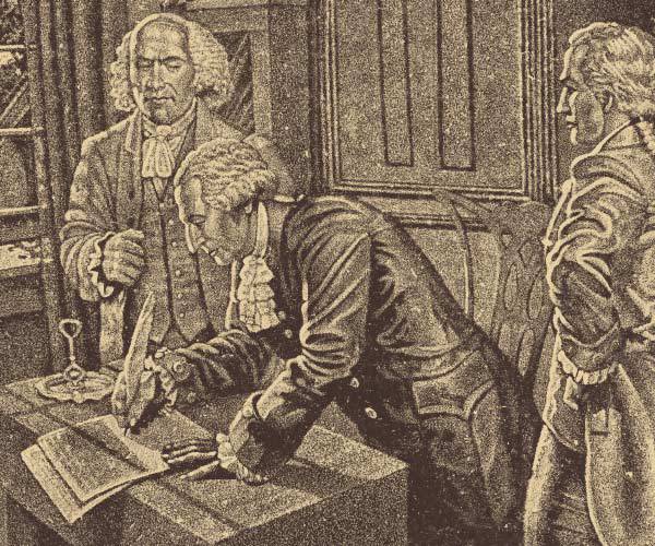 Two men in colonial attire onlooking as a third man signs the US declaration of independence engraved onto a tile at the History of Humanity in Granite