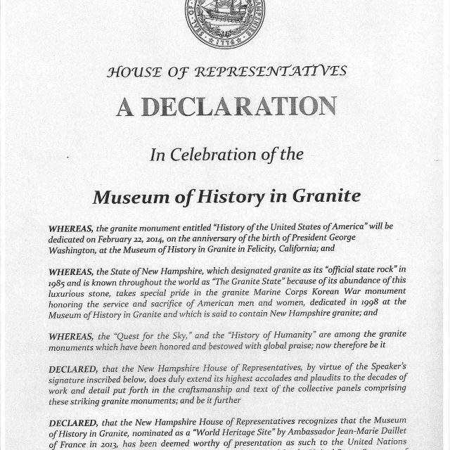 Senate proclamation from the New Hampshire State Senate presenting the Museum of History in Granite as a World Heritage Site to the United Nations Educational Scientific and Cultural Organization