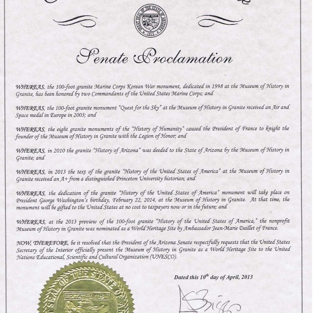 Senate proclamation from the Arizona State Senate presenting the Museum of History in Granite as a World Heritage Site to the United Nations Educational Scientific and Cultural Organization