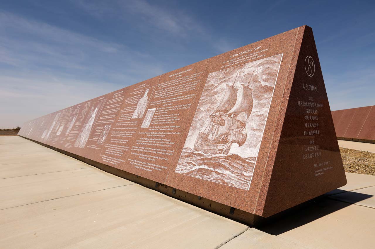 Missouri Red granite monument engraved with a 17th century ship at the History of Humanity in Granite near Yuma, AZ