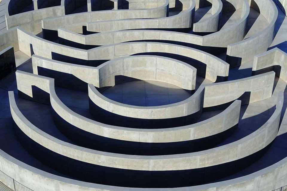 Close up view of the winding paths of the Maze of Honor at the History of Humanity in Granite museum in Yuma, Arizona