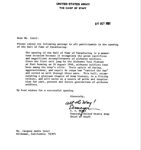 A letter from E.C. Meyer the General of the United States Army and Chief of Staff to the History of Humanity in Granite for the inauguration of the Hall of Fame of Parachuting