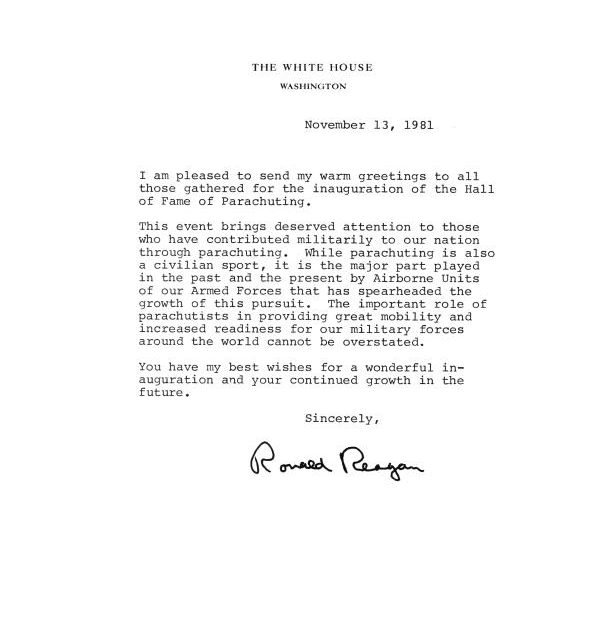 A letter from Ronald Regan to the Museum of History in Granite for the inauguration of the Hall of Fame of Parachuting