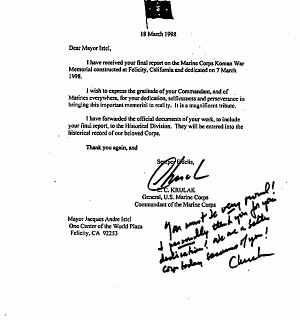 A letter from C.C. Krulak, General of the U.S. Marine Corps Commandant of the Marine Corps to History of Humanity in Granite regarding the Korean War Memorial monument