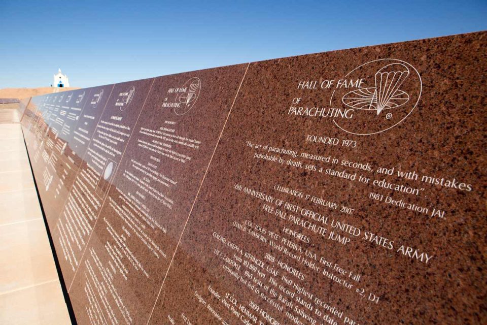 Close-up on the Missouri Red granite monument dedicated to the Hall of Fame of Parachuting